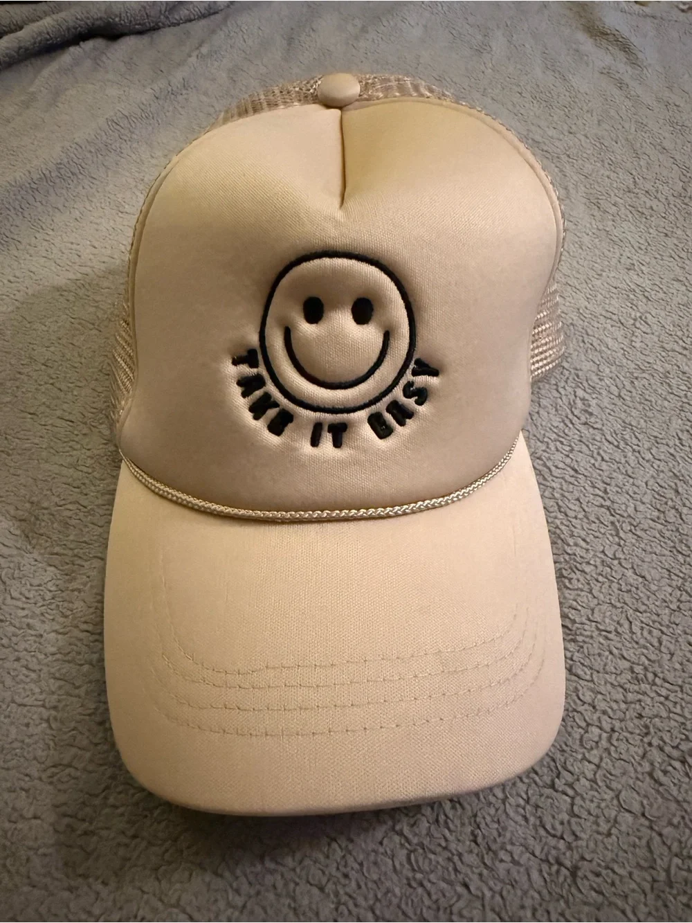 Beige Smiley 'Take It Easy' Trucker Hat